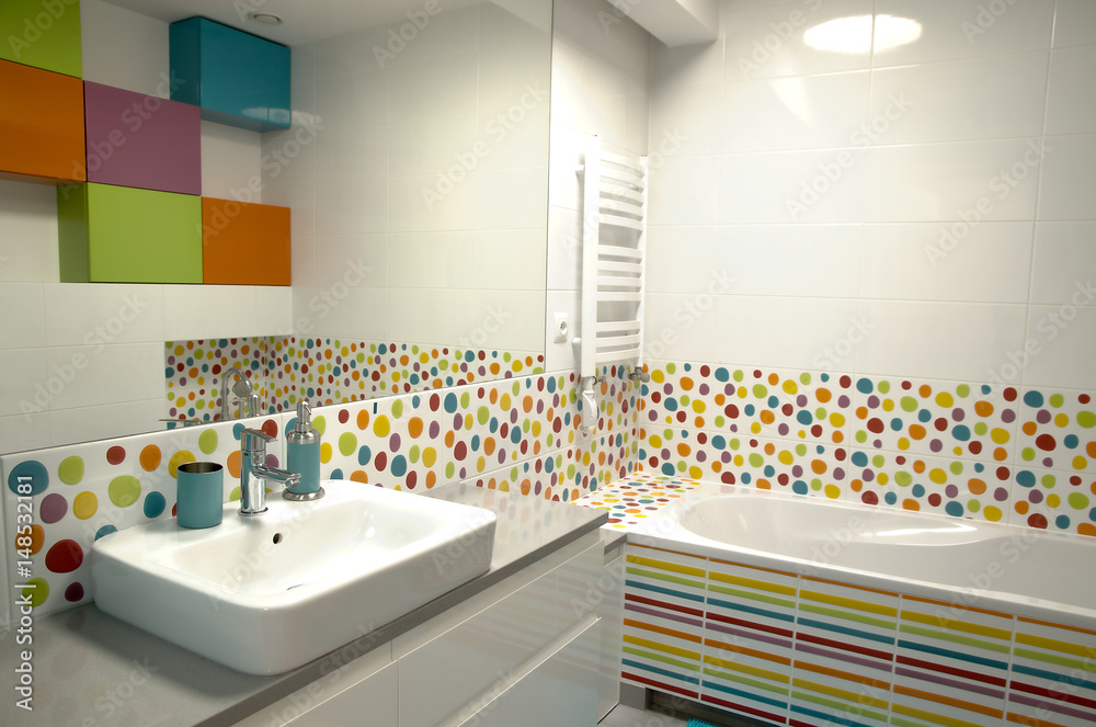 Wall mural interior of modern colourful bathroom