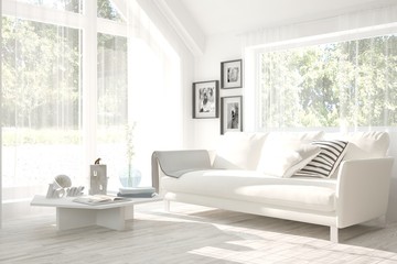 White room with sofa and green landscape in window. Scandinavian interior design. 3D illustration