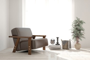 White modern room with armchair. Scandinavian interior design. 3D illustration