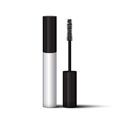 Empty mascara brush vector mock-up illustration. Realistic 3d empty white eyelash or eyecleaner package design. Luxury makeup cosmetic product container or tube in silver color isolated.