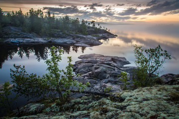 Islands in the fog. Northern landscape. Ladoga lake. Karelia.