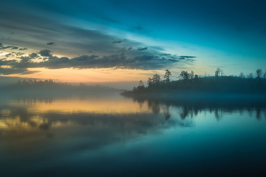 Islands in the fog. Northern landscape. Ladoga lake. Karelia.