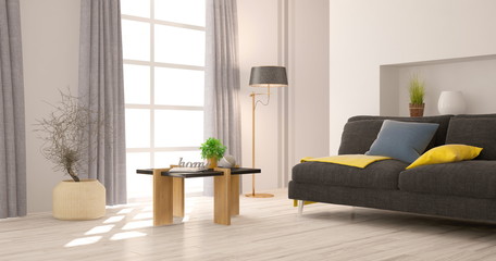 White modern room with sofa. Scandinavian interior design. 3D illustration
