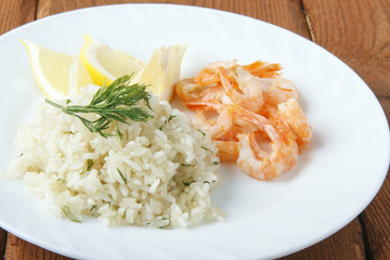 Mediterranean dish of shrimps with rice. Dish of fresh, ecological clean products