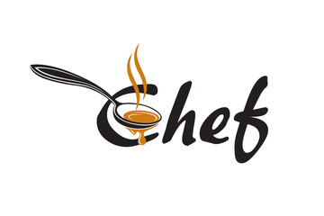 black lettering chef with soup spoon