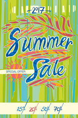 Summer Sale. Inscriptions and palm branches on a striped background. Vector illustration template for posters, banners, flyers, invitation, brochure, voucher discount.
