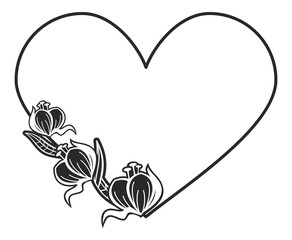 Heart-shaped black and white frame with floral silhouettes.