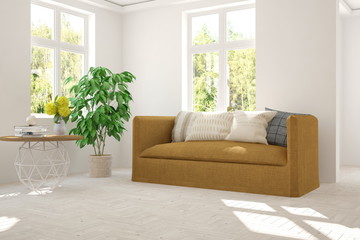 White room with sofa and green landscape in window. Scandinavian interior design. 3D illustration