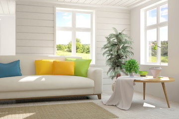 White room with sofa and green landscape in window. Scandinavian interior design. 3D illustration