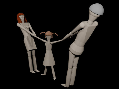 Eltern können sich das gemeinsame Kind bei einer Trenung nicht teilen (3D-Rendering mit Holzpupen)