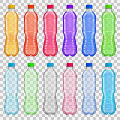 Set of transparent plastic bottles with multicolored juices and water