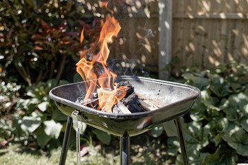 Preparing barbecue party in a garden. Burning charcoal with firestarter and wood.