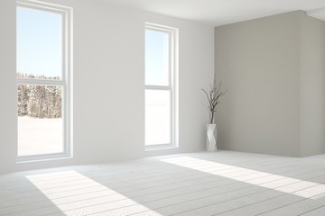 Fototapeta premium White empty room with winter landscape in window. Scandinavian interior design. 3D illustration
