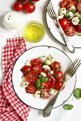 Two portions of italian salad caprese on a vintage plates.Top view.