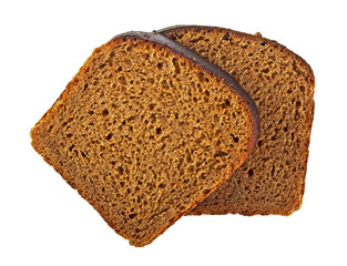 Two slices of rye bread on a white background, top view
