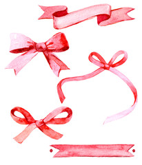 Set of red bows and ribbons, watercolor illustration