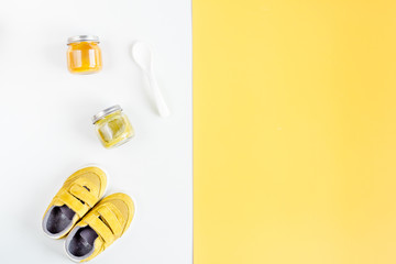 clothes and food collection for child room top view mockup