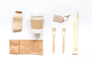 paper bags for food delivery restourant white table background top view mockup
