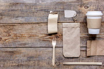 paper bags for food delivery restourant wooden table background top view mockup