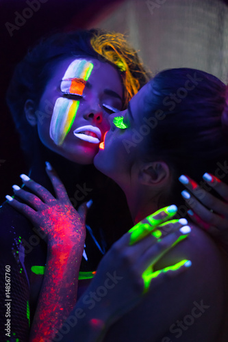Sexy Lesbian Fashion Models Kissing In Uv Neon Light With