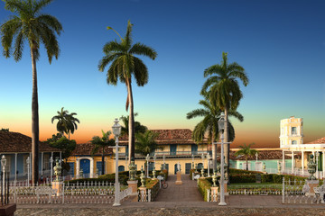 Trinidad, Cuba - Plaza Mayor or main Square in Trinidad with the Art Gallery Benito Ortiz in the...