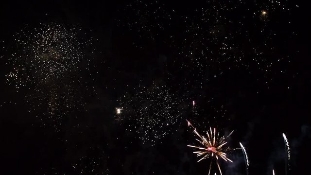 Fireworks exploding in various colors in the dark night sky during a celebration.