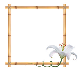 Реалистичная белая лилия, квадратная рамка из бамбука.