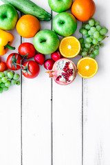 cooking salad with fresh fruits and vegetables on white background top view mock-up