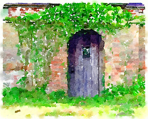 Digital watercolor painting of an old wooden door with an arch in a brick wall with ivy growing around it. With space for text. 