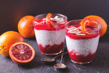 Chia pudding with fresh bloody orange and jam