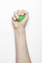 woman hand hold a fluorescence green ball isolated white, background.