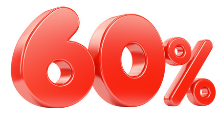 Sixty red percent isolated on white background. 3d render illustration.