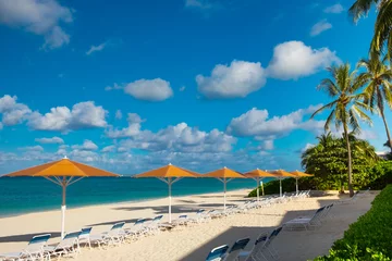 Foto op Plexiglas Seven Mile Beach, Grand Cayman Rij parasols en ligstoelen met uitzicht op de Caribische Zee op Seven Mile Beach, Grand Cayman, Kaaimaneilanden