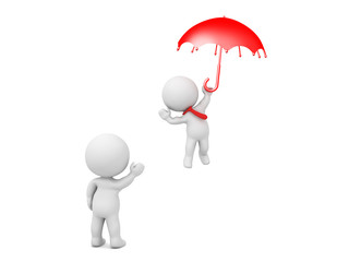 3D Character waving at another one who is flying away holding an umbrella