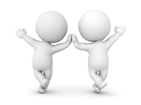 Two 3D Characters leaning on one leg high fiving each other and waving