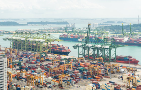 Aerial view of Singapore shipping port with Central Business District, Singapore