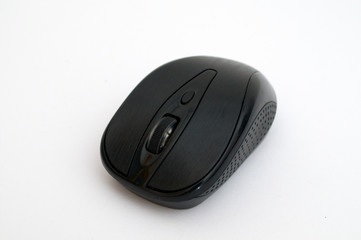 Black wireless mouse on a white background