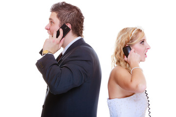 Groom and bride calling to each other