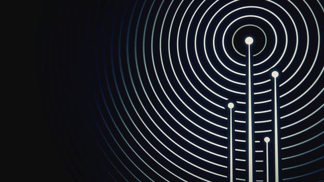Antenna towers with radiowave signal. Vintage style flat animation on dark background. 