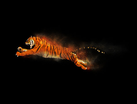 Fototapeta A tiger moving and jumping with dust particle effect on black background, 3d illustration