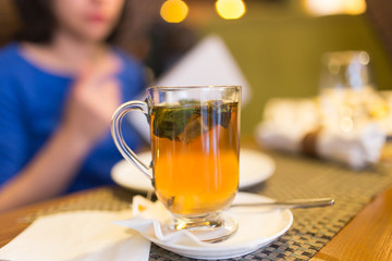 A glass of mint tea in a restaurant