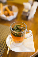 A glass of mint tea in a restaurant