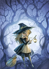 Halloween background illustration with a beautiful witch