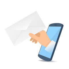 A human hand through the mobile phone's screen holds a paper envelope. Modern technology, email message, smart phone apps flat concept illustration. Vector design element isolated on white background.
