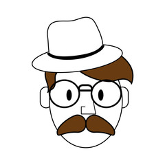 sketch color silhouette front face caricature old man bearded with lens and hat vector illustration