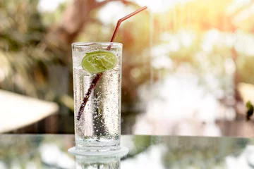 Photo sur Plexiglas Eau Glass of fresh sparkling mineral water and a lime