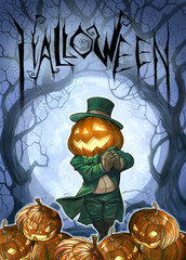 Halloween cute illustration of funny and smiling pumpkin character dressed for the night party