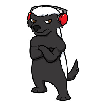 Cartoon Honey Badger Wearing Headphones Vector Illustration