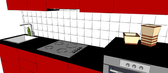 Close up of small kitchen counter with tile backsplash, built in cook top, oven, canopy hood, stylish sink, tap and vases. 3D abstract rendering.