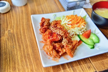 Plate of Yangnyeom Chicken or Spicy Korean-Style Fried Chicken